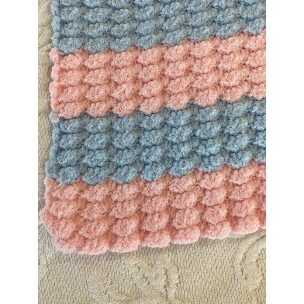 Vintage Handmade Crochet Baby‎ Afghan Pink Blue Stripes Shower Gift Christening